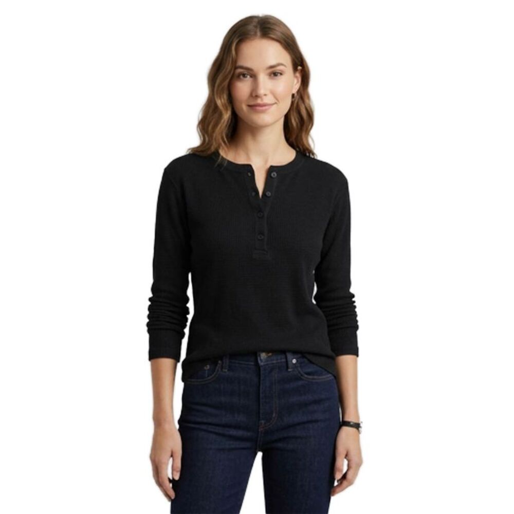 Re/Done x Hanes Women Black Cotton V Neck Long Sleeve Shirt Size S